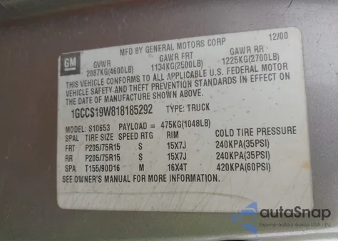 2001 Chevrolet S-10 Ls from USA, damaged, VIN 1GCCS19W818185292